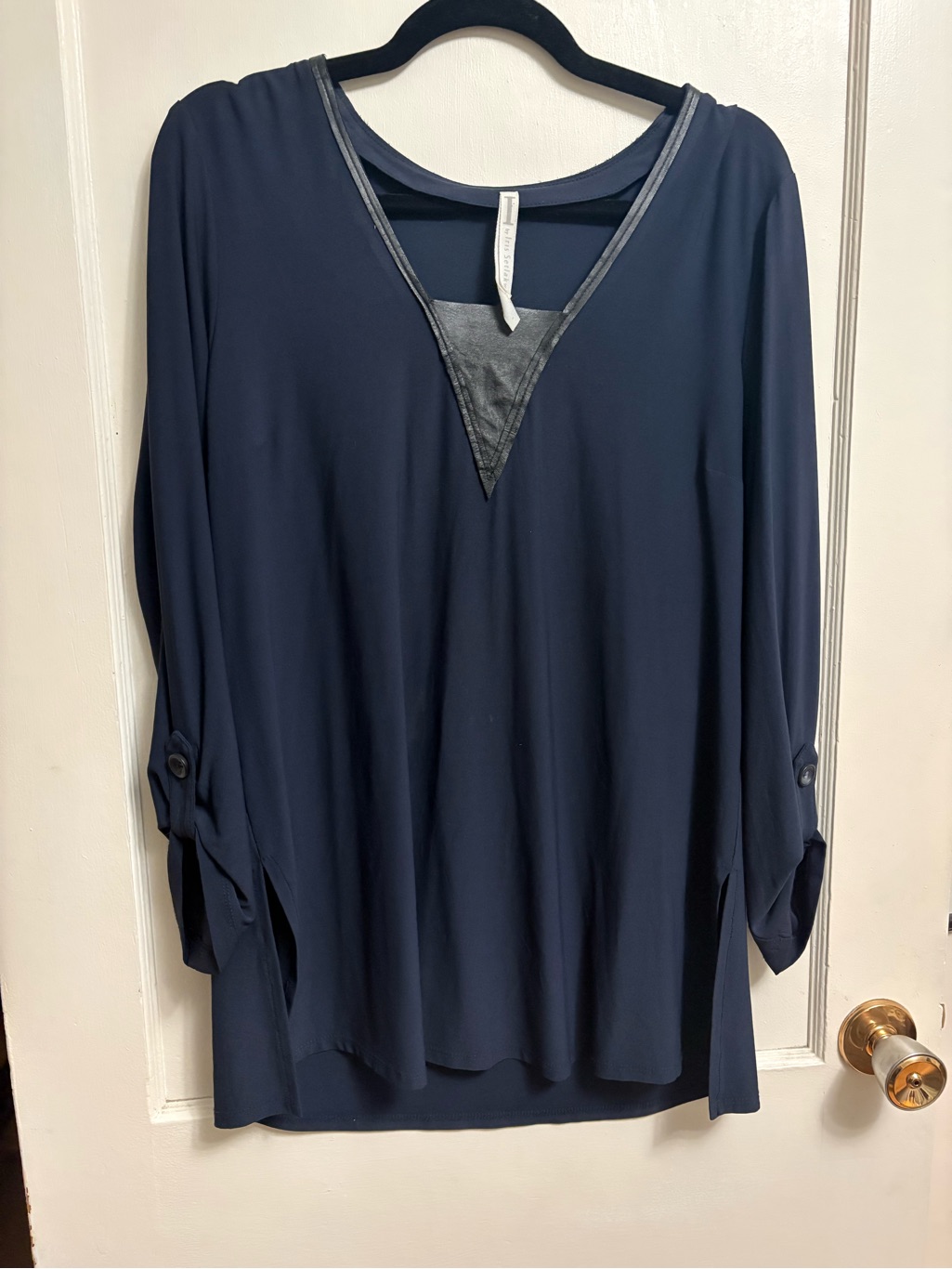 Iris Setlakwe Navy V-Neck Blouse With Real Leather Trim